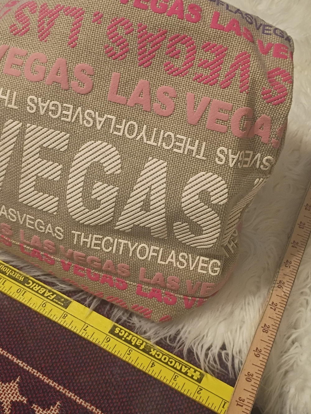 Robin Ruth Beige Canvas Las Vegas Print Shoulder Bag with Pink and White Text